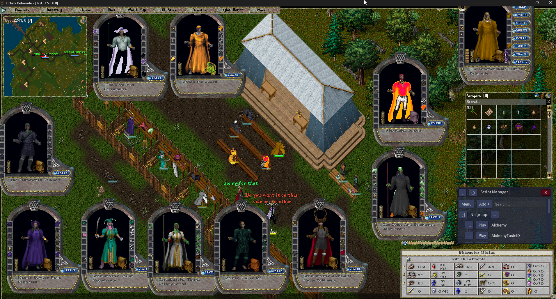 Skara Brae merchant event with player-run market stalls on the Solgrad Ultima Online server